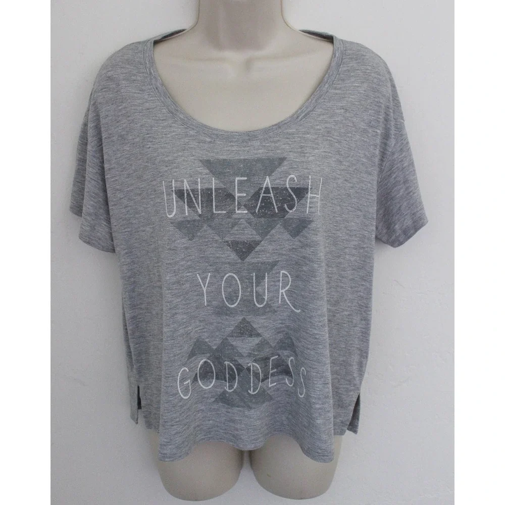 Alo Yoga T-Shirt Top Womens XS Gray Pullover Graphic Tee Short Sleeve Scoop Neck
